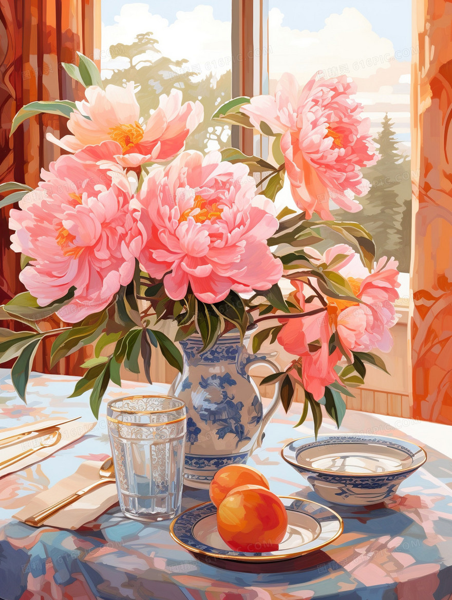 浪漫粉色手绘油画玫瑰花情人节插画