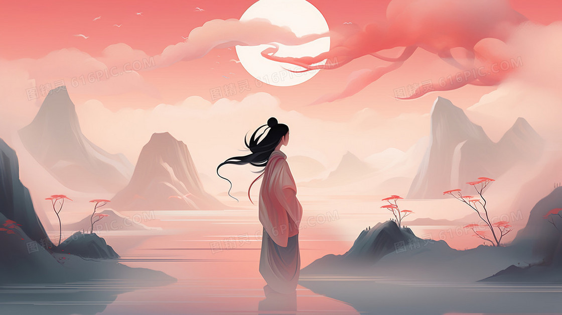 中国风长发美人山水风景插画