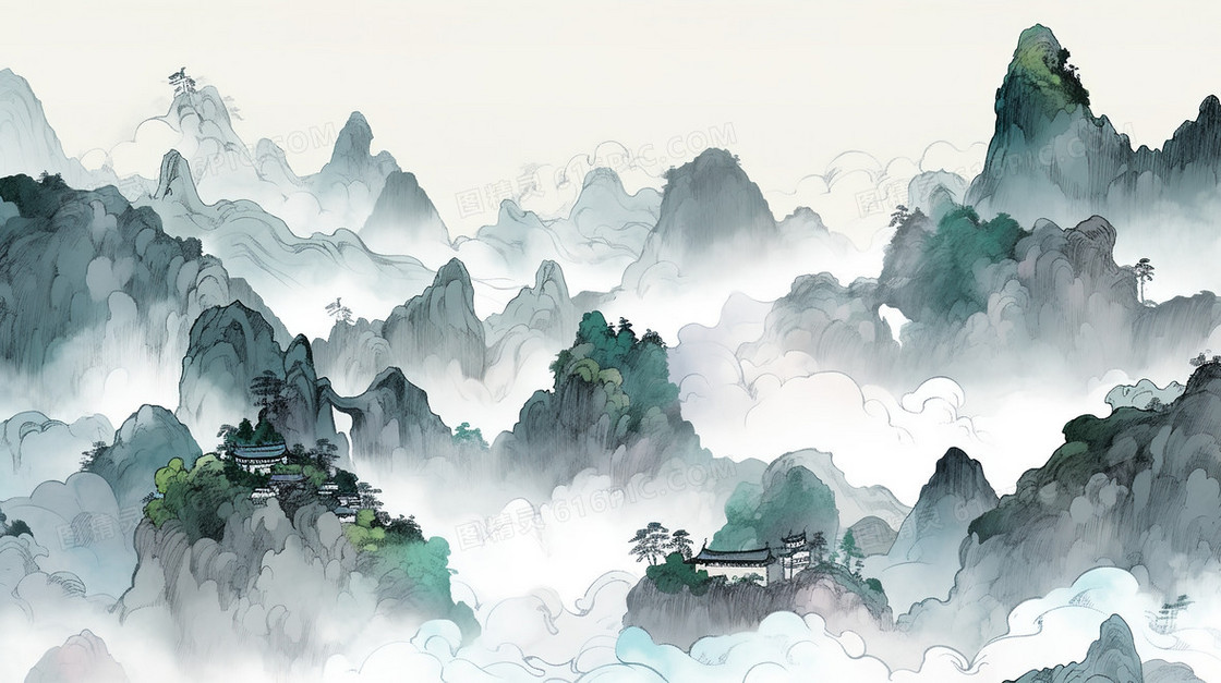 中国风水墨山水风景插画