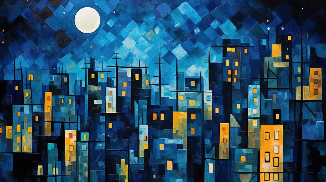 夜晚城市建筑风景油画肌理插画