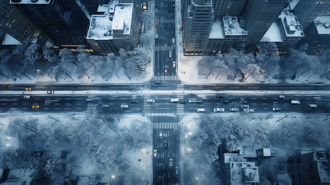 蓝色城市雪景俯视图图片