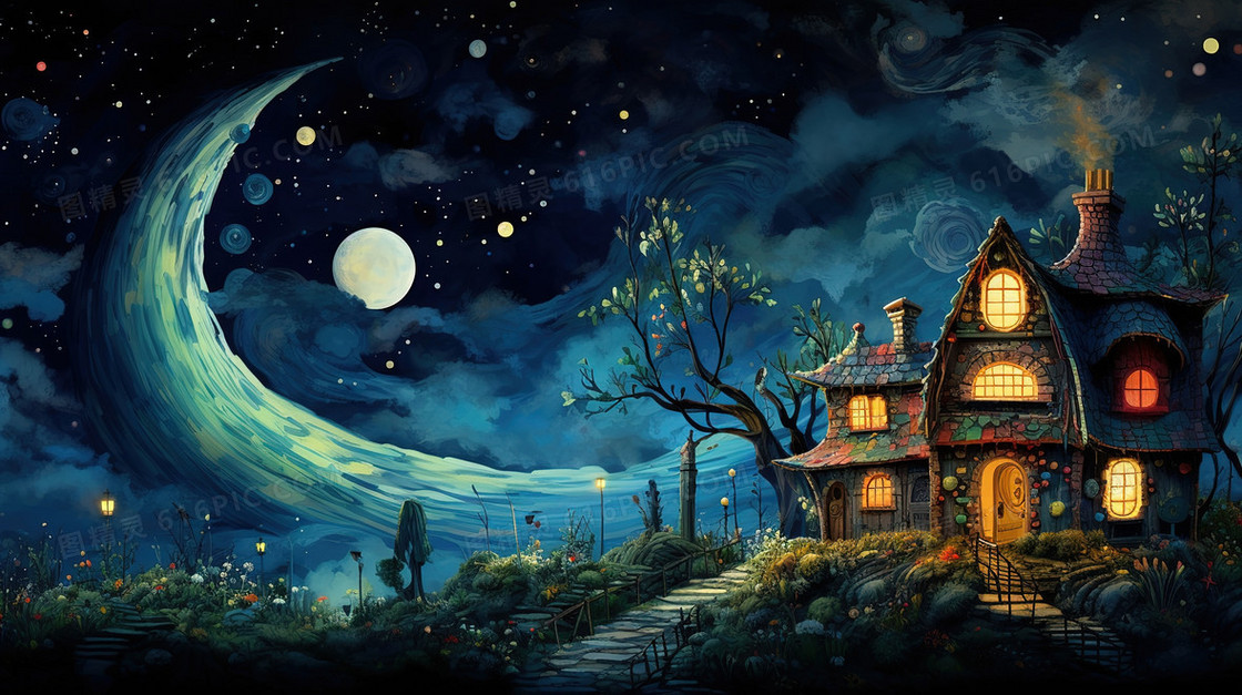 夜晚梦幻的魔法世界城堡插画