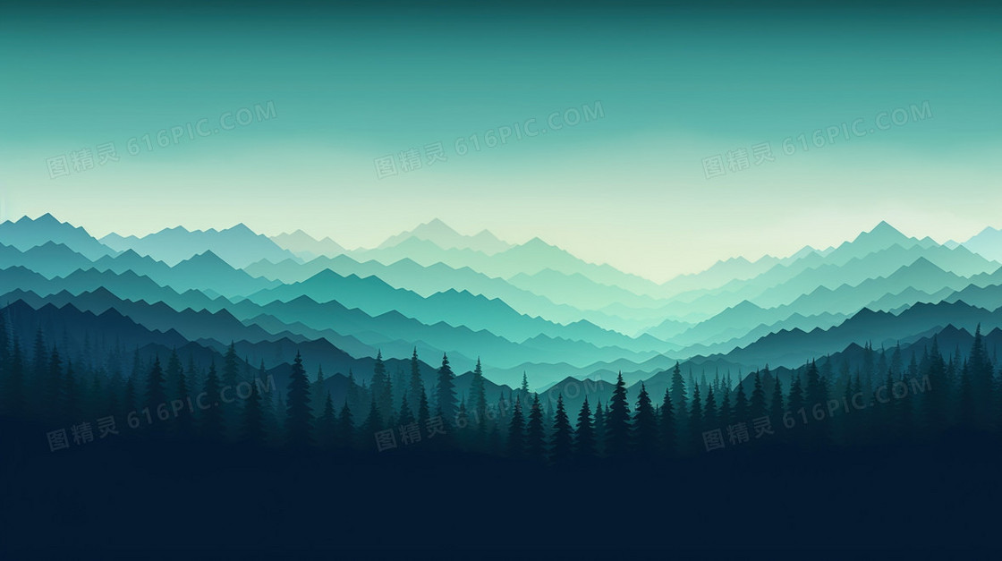 群山峻岭中的山林插画