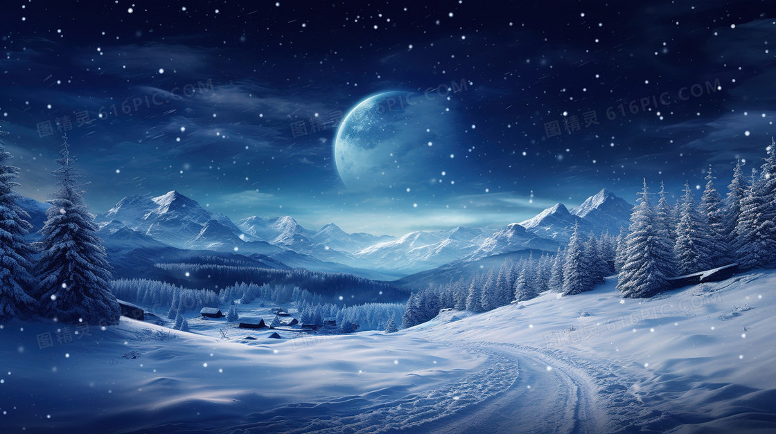 冬天蓝色星空下的梦幻雪景图片