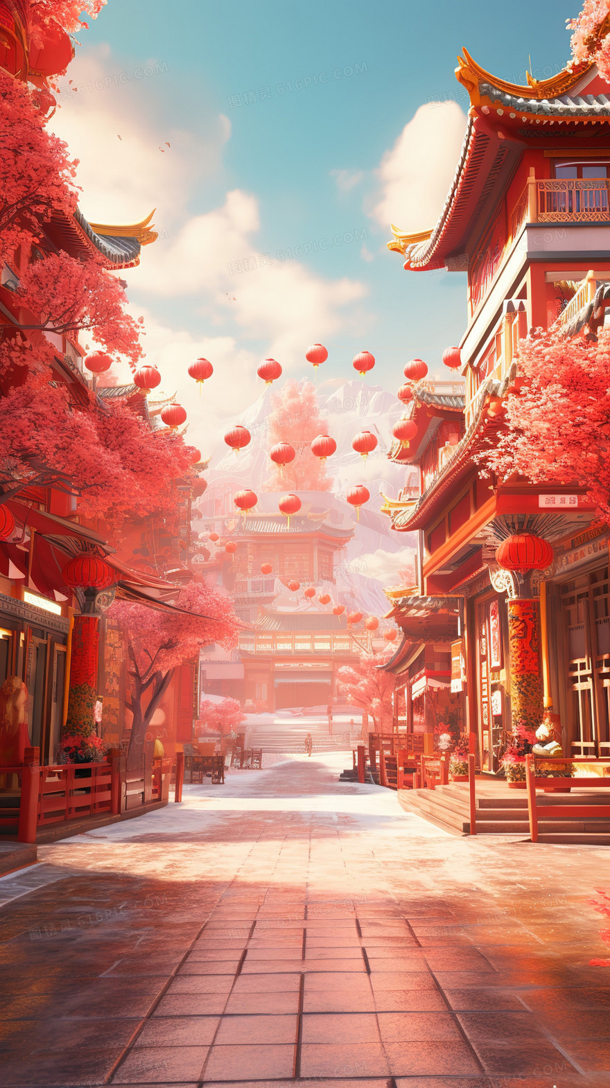 喜庆春节集市场景插画