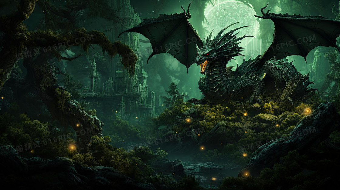 绿色黑暗森林魔法黑龙创意图片