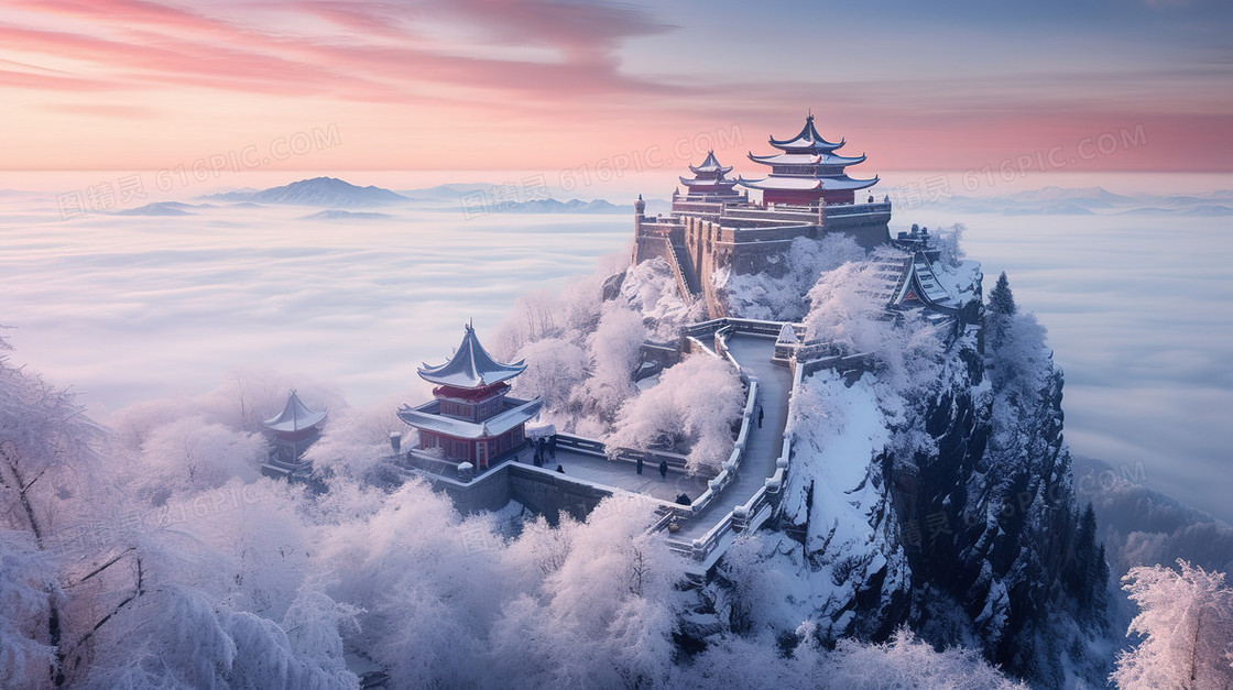 唯美冬天山顶雪景风景图片