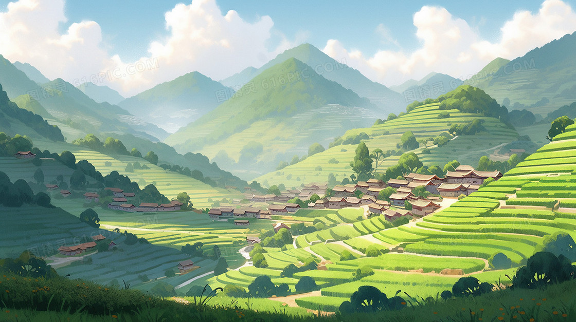 绿色立春梯田田野风景插画