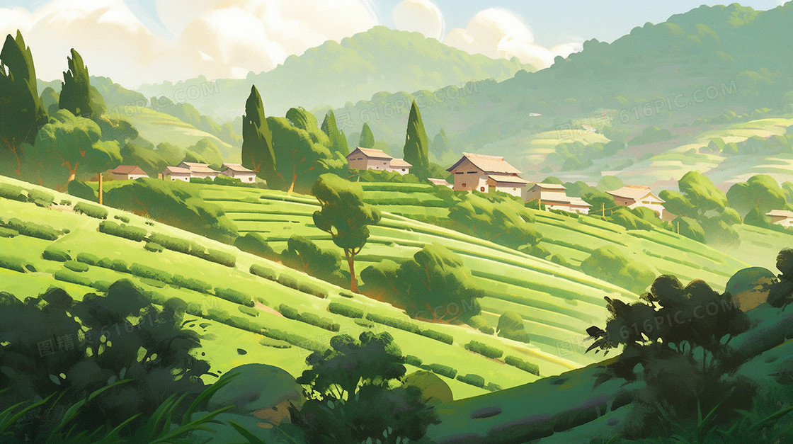 绿色立春梯田田野风景插画
