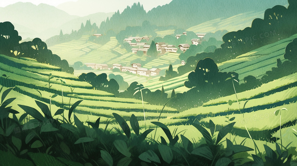 绿色乡村农村田野风景插画背景图片下载_2912x1632像素JPG格式_编号14yfqj52x_图精灵