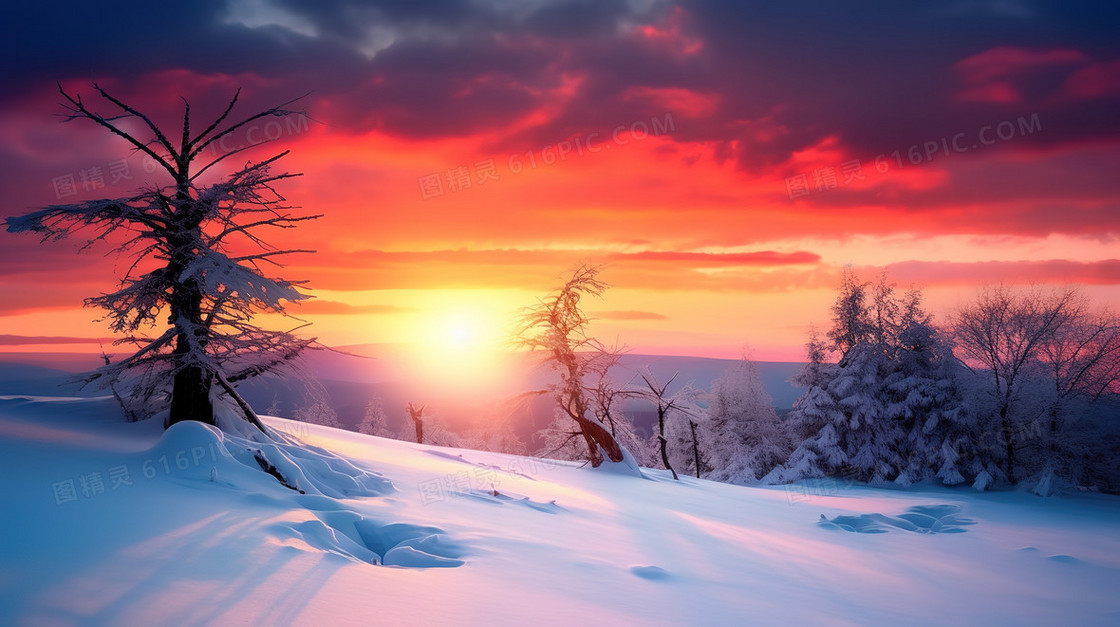 橘色冬季山林日出唯美雪景图片