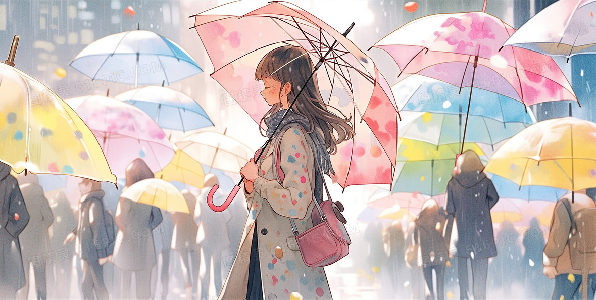 彩色下雨天打伞的人群插画