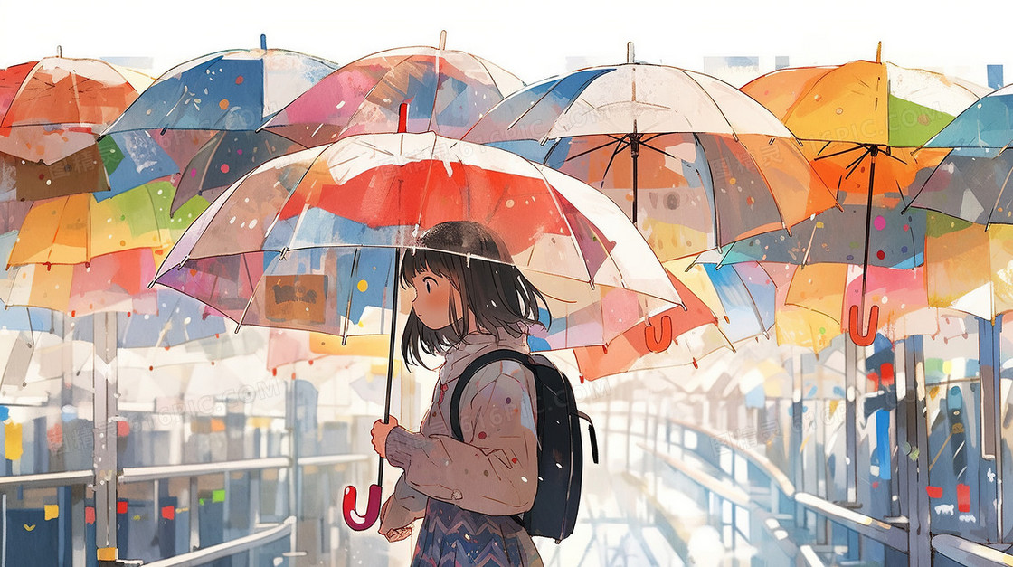 彩色下雨天打伞的女孩插画