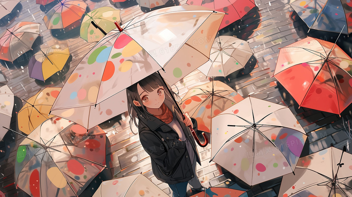 彩色下雨天打伞的人群插画