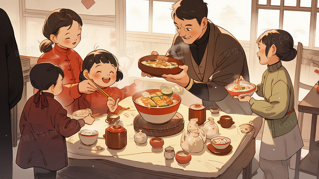 彩色卡通新年一家人吃年夜饭插画