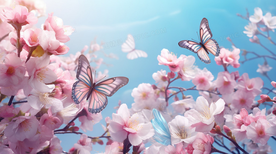 盛开的樱花上飞舞的蝴蝶创意图片