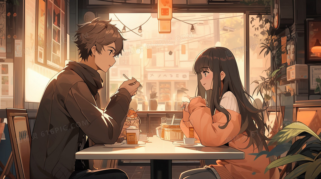 咖啡店约会的情侣插画