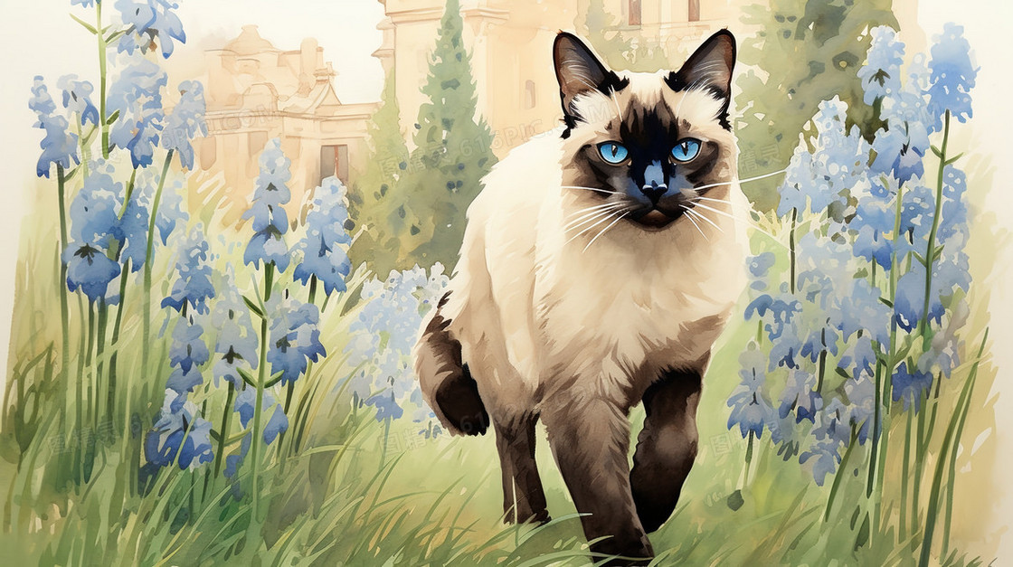 蓝色花丛中的猫咪插画