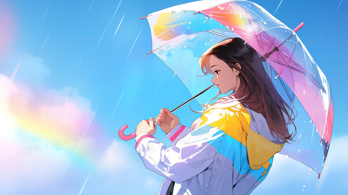 雨中穿着雨衣的长发女孩唯美插画
