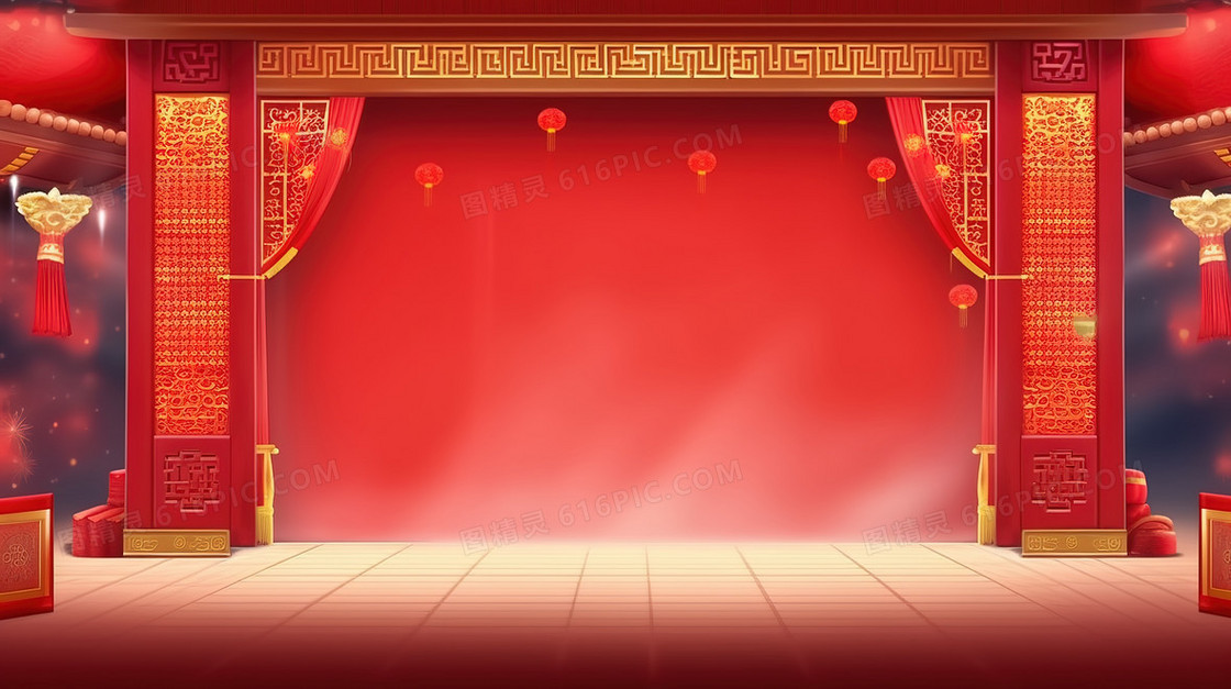 中国风红色古典舞台背景插画