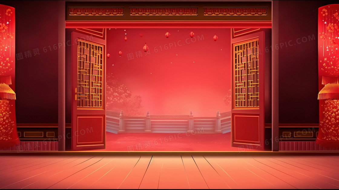 中国风红色古典舞台背景插画