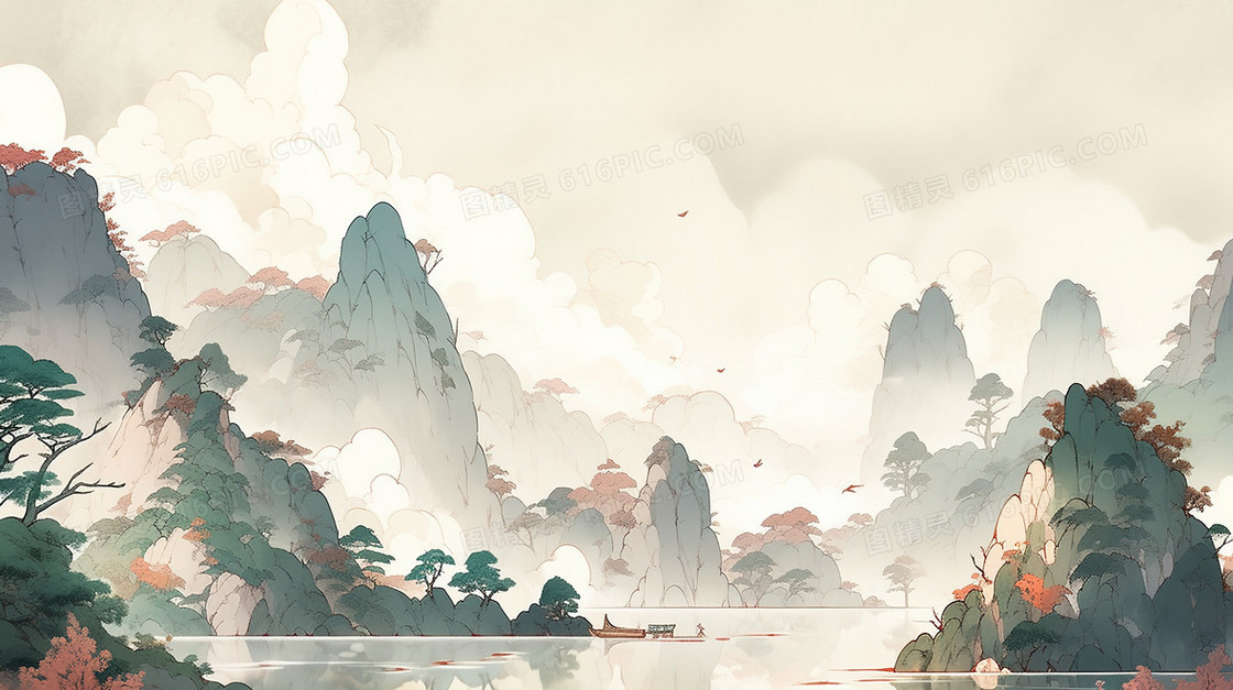 中国风水墨山水风景插画