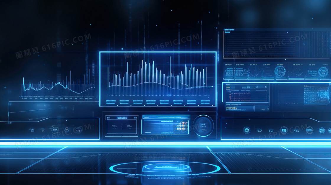 显示屏上的蓝色数据分析柱状图插画