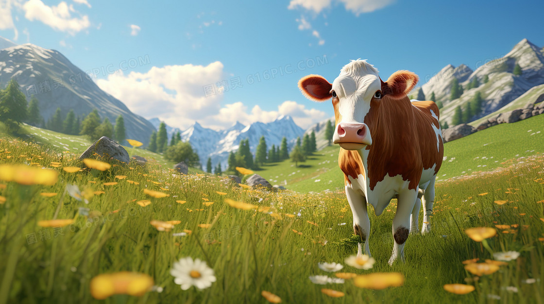 绿色草原上的奶牛风景创意图片