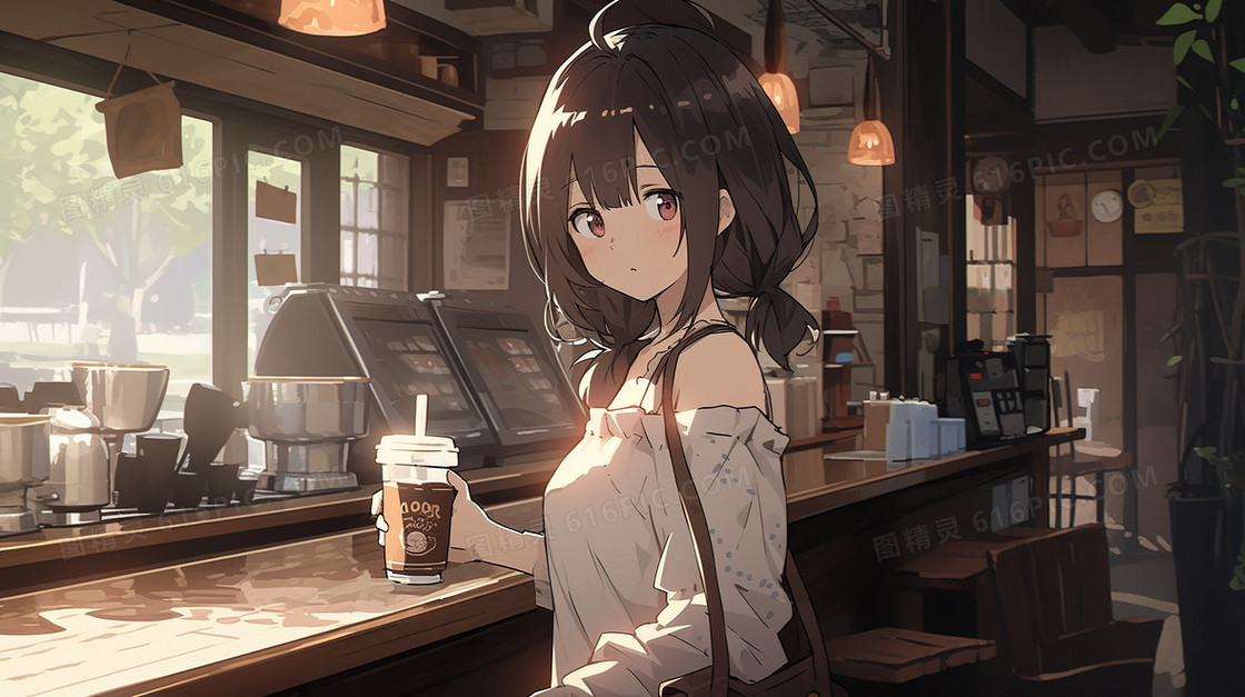 咖啡厅里的少女插画