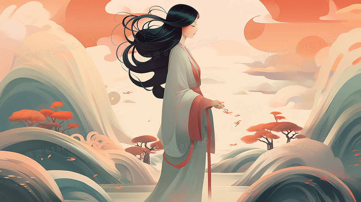 中国古代美人侧面插画背景图片下载_2912x1632像素JPG格式_编号