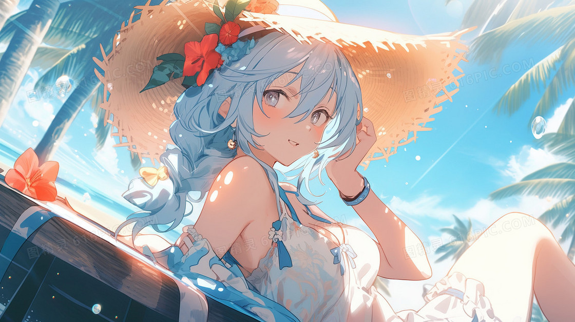 阳光海边沙滩动漫女孩插画