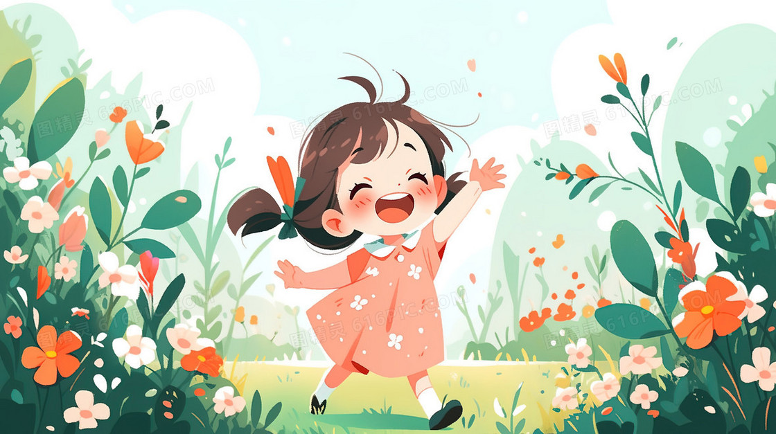 春天花丛里欢乐舞蹈的女孩插画