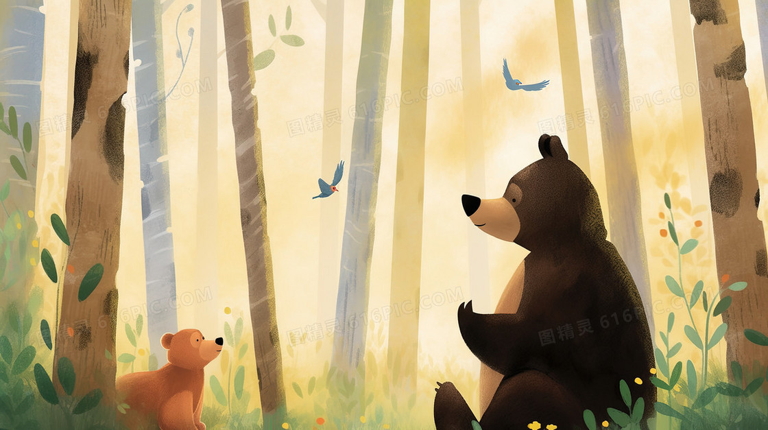 春天树林里的棕熊插画