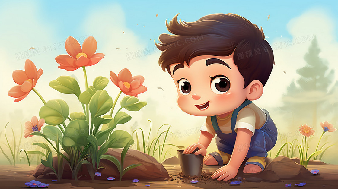 在土地里栽种小树苗的男孩插画