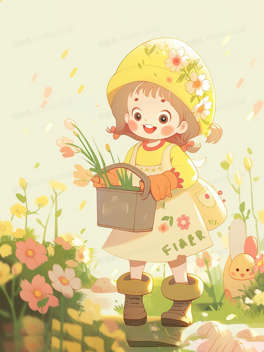 种植鲜花的黄裙子女孩插画