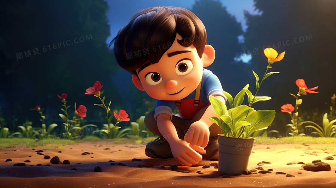 在土地里栽种小树苗的男孩插画