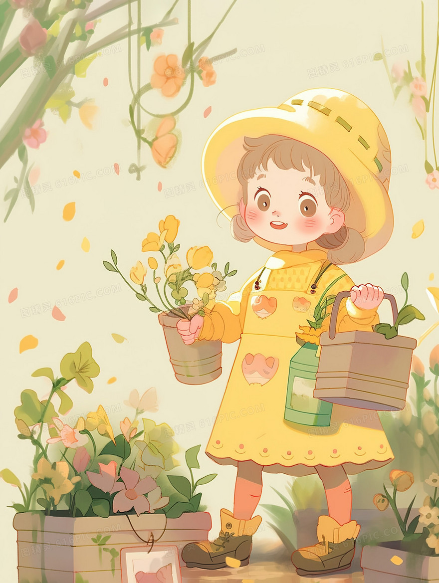 种植鲜花的黄裙子女孩插画