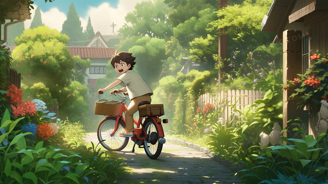 花园小路上骑自行车的男孩插画