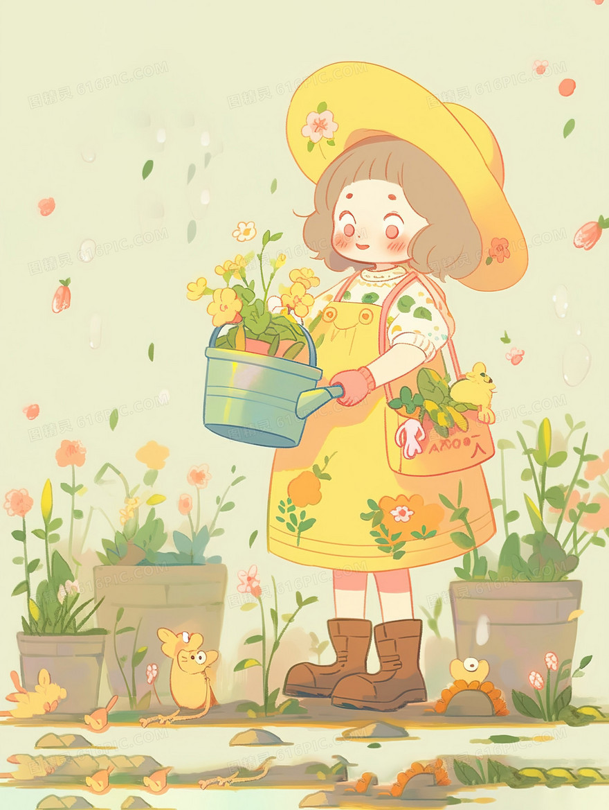 种植鲜花的黄裙子女孩插画