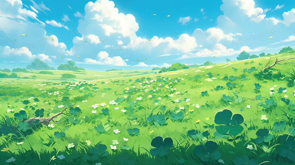 春天绿色草地里成片的四叶草插画