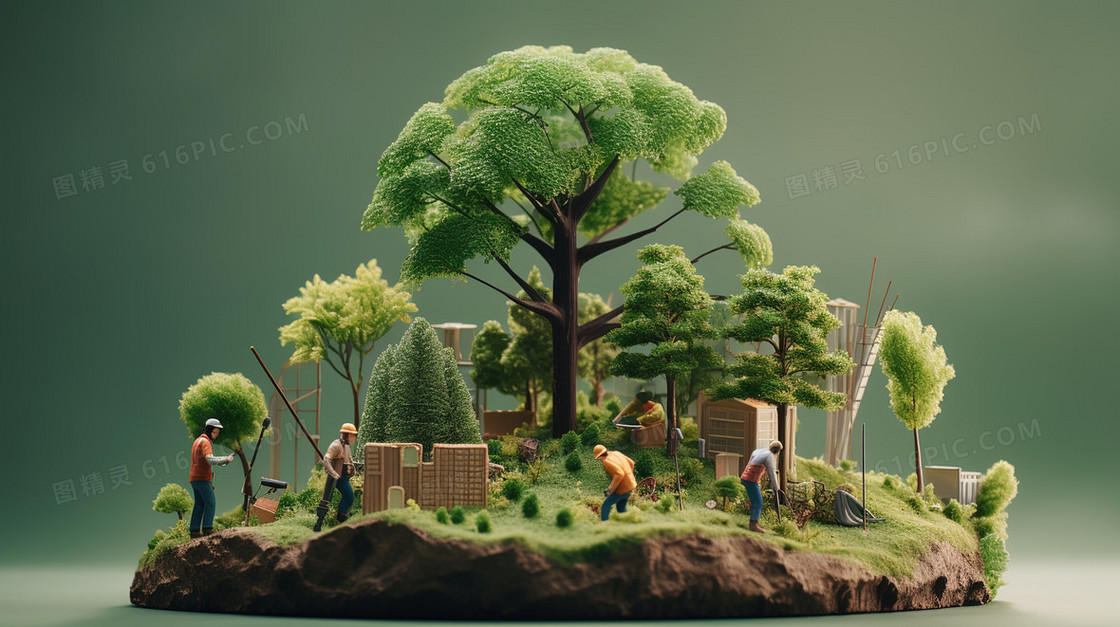 绿色环保微观植树模型创意图片