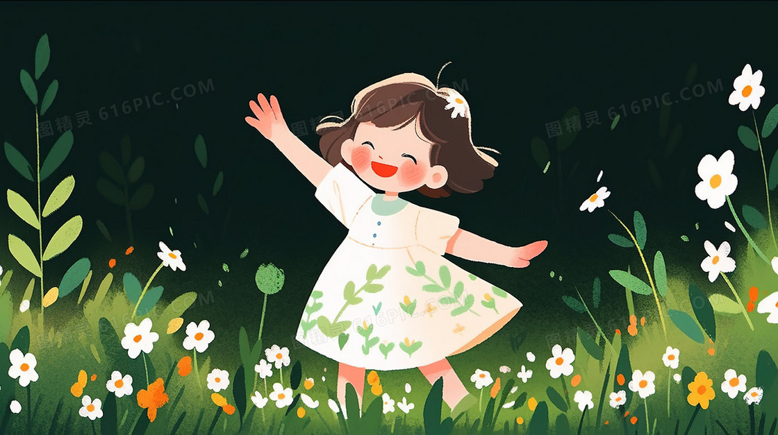 春天花丛里欢乐舞蹈的女孩插画
