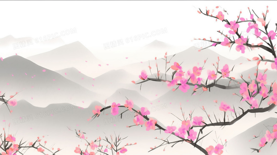 中国风粉色花朵风景插画
