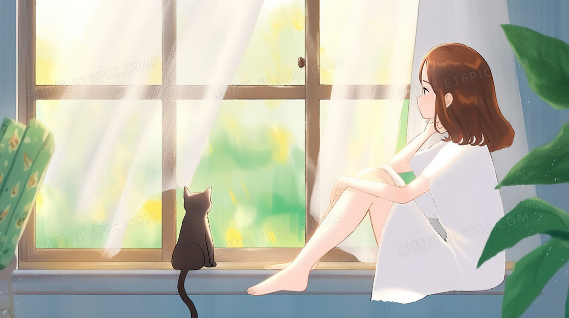 和猫咪坐在窗边看风景的白裙子女孩插画