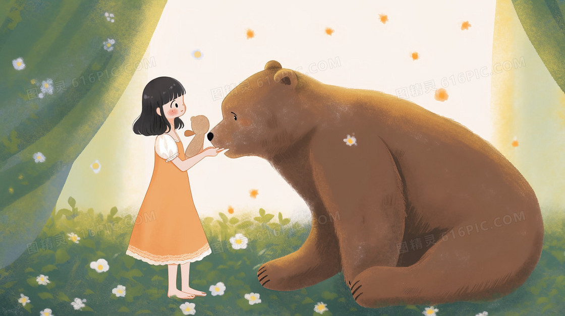 树林里的棕熊和女孩插画