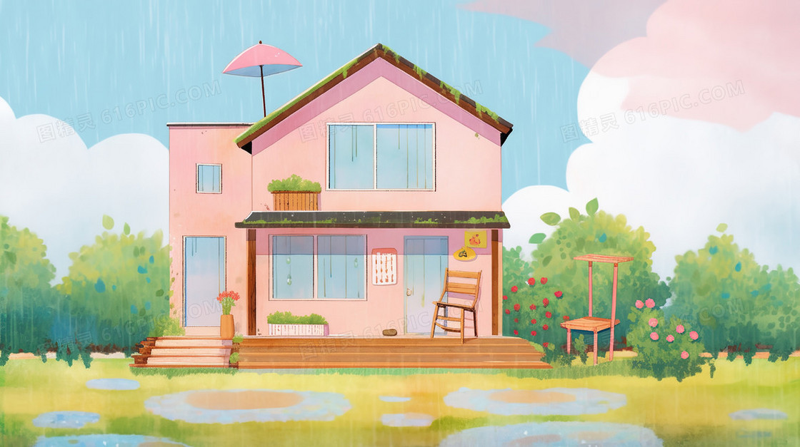 雨中的粉色房子建筑插画