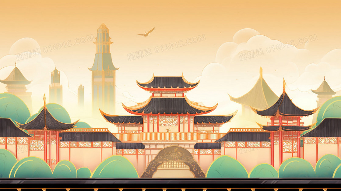 中国风宫殿楼阁建筑插画