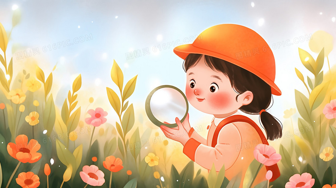 春天花丛中抓昆虫的小女孩插画