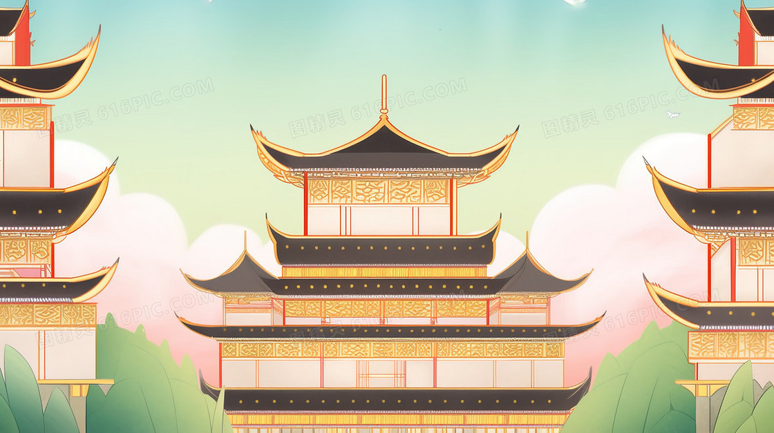 中国风宫殿楼阁建筑插画