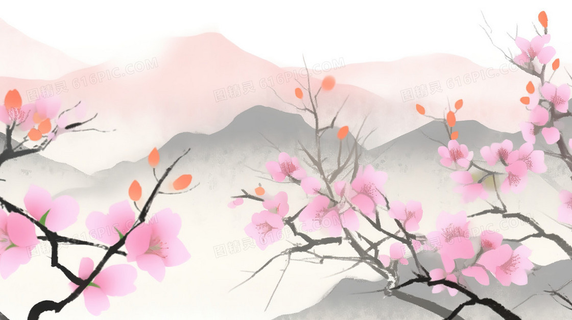 中国风粉色花朵风景插画